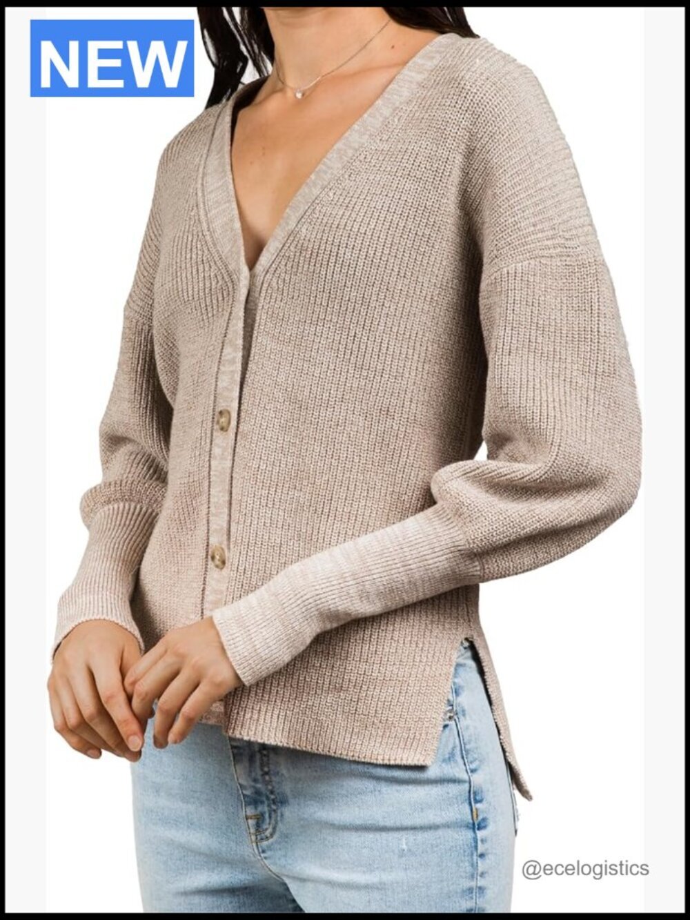 Oversized Puff Sleeve Cardigan Sweater 100% Cotton Marled